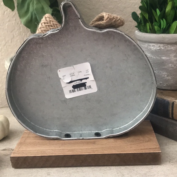 Rae Dunn Rustic Farmhouse fall galvanized pumpkin on wooden base - Picture 4 of 6
